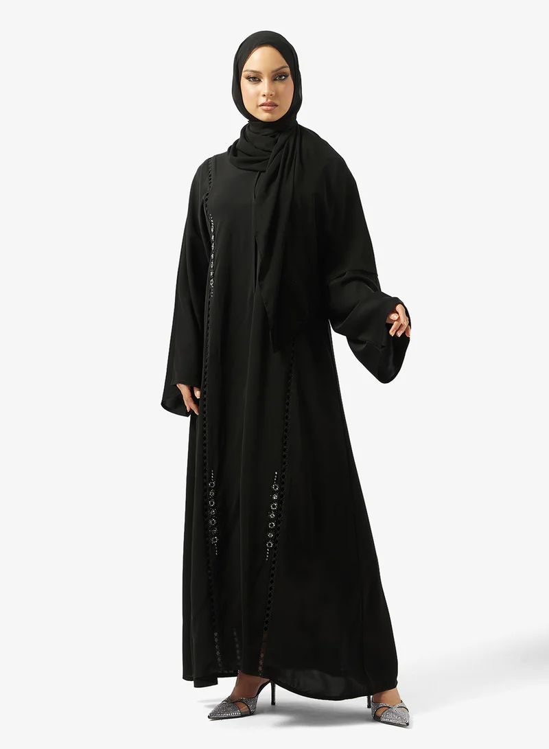 hayas closet Lace Embellished Detailed Open Front V Neck Abaya
